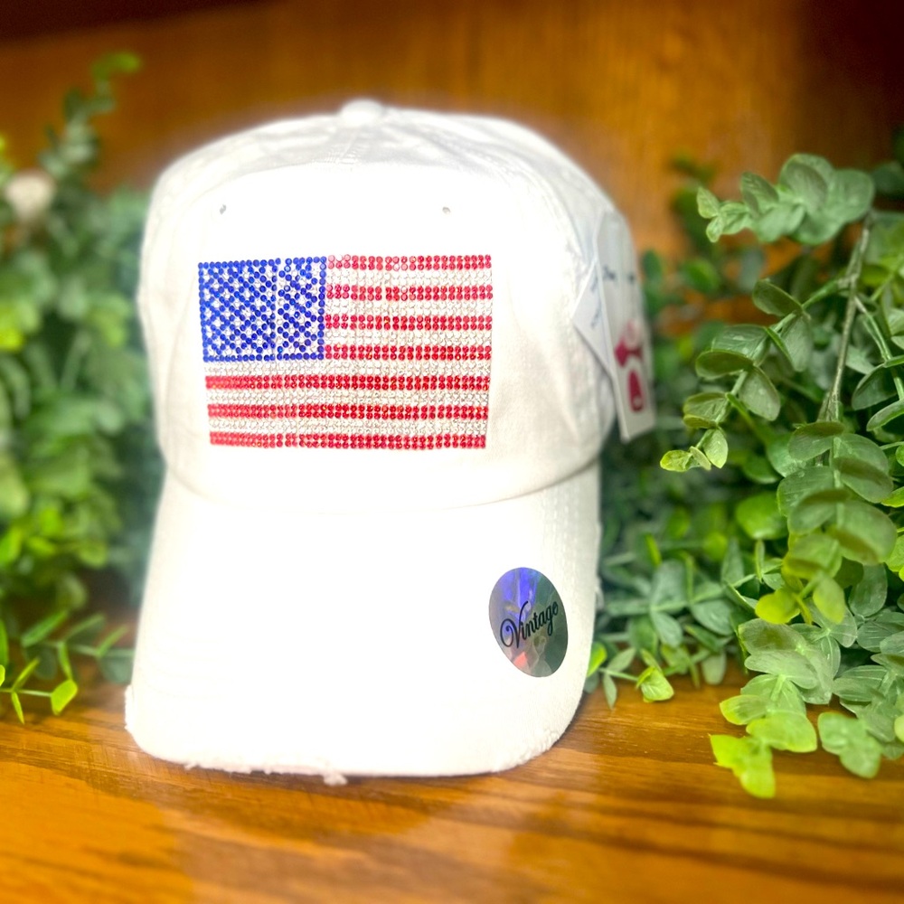 Distressed Ponytail White Hat - Rhinestone American Flag